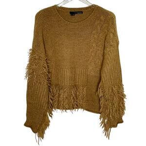360Sweater S Womens Italian Yarn Alpaca Blend Fringe Sweater Brown